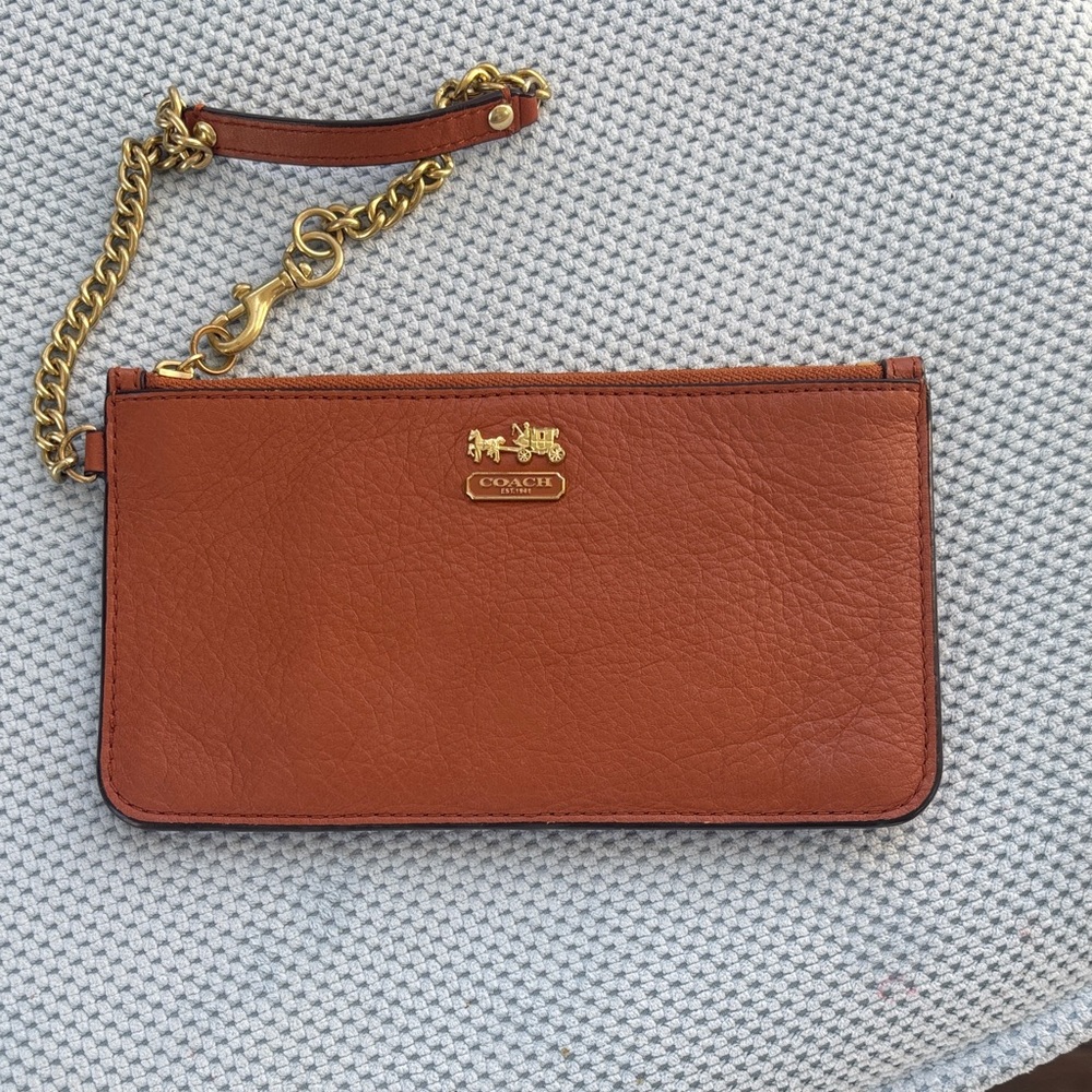 Coach Tan Leather Wristlet with Gold Chain